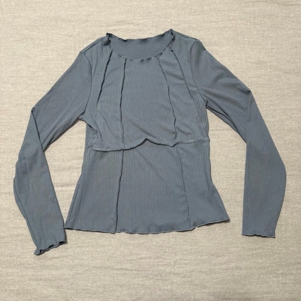 Ribbed Long Sleeve Top - Fitted Peplum Waist Stitch Detail Blue Large